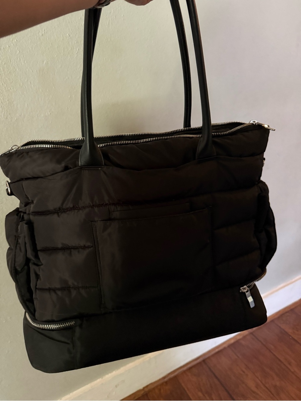 Black Quilted Tote Bag with Zipper Accents
